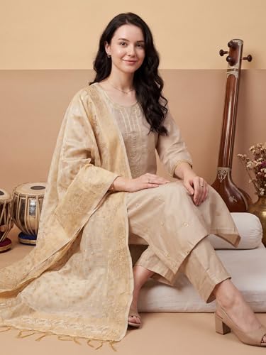 Image of INDO ERA Women's Silk Blend Paisley Embroidered Zari Work Kurta & Pant with Dupatta Set (IEBBAI389)