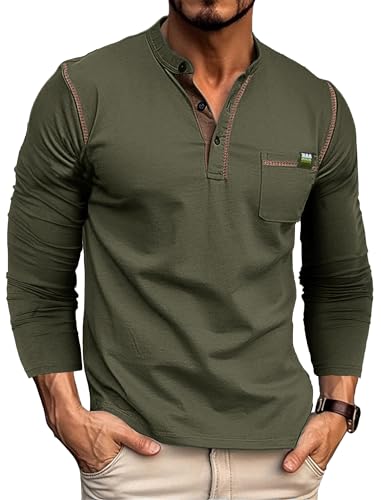 Men's Long Sleeve Henley Shirts Button V-Neck T-Shirt Classic Causal Cotton Blend Tops with Pocket