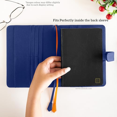 Image of NEORAH - B6 Notebook SLEEVE with SNAP Button + Dotgrid JOURNAL | Faux Leather Sleeve + Penloop | 2 Front 1 Back compartment | 6 Card Slots -DARK BLUE