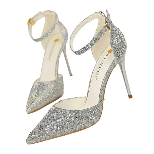 ticticlily Escarpins Femme Talons Hauts Paillettes Bout Pointu et à Strass 10cm Antidérapante Boucle Réglable Chaussures de Mariage en Soirée Fête A...