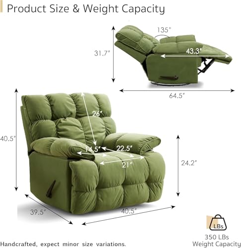 Image of SITJOY Oversized Power Swivel Rocker Recliner Chair, Overstuffed Extra Wide Rocking Chair for Big and Tall, Glider Recliner Nursery Chair, Soft Breathable Fabric in Green, Manual