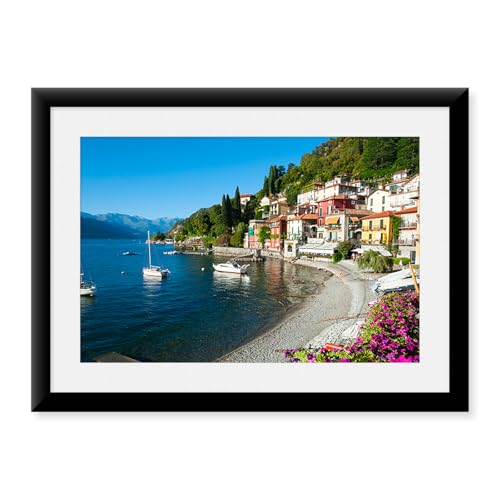 Houses at waterfront with boats on Lake Como | Antique Wall Art | Office Wall Decor | Framed 17-7/8" x 21-7/8"