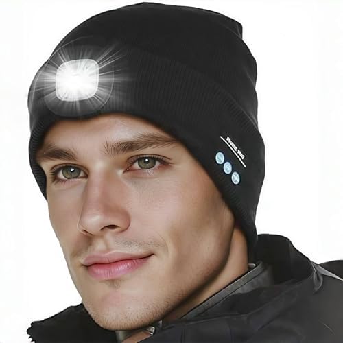 Bluetooth Beanie with Light | Unisex Gift for Men, Women,Wireless Headphones & Headlamp for Fishing Jogging Working