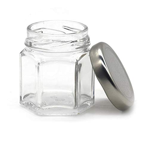 Image of Cute Hexagonal 50 Grams Airtight Glass Jar Containers for Honey, Spices & Other Kitchen Items with Rust Proof Silver Color Caps -Set of 12