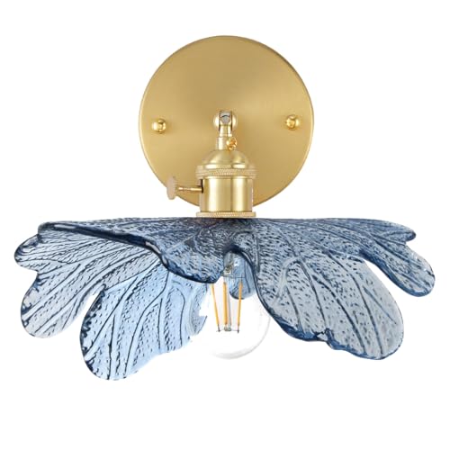 Image of Flower Bathroom Vanity Light Vintage Gold Wall Sconce Blue Glass Shade Mid Century Modern Vanity Lamp Decor Art Vanities Light Adjustable Hardwired Wall Lighting for Over Mirror