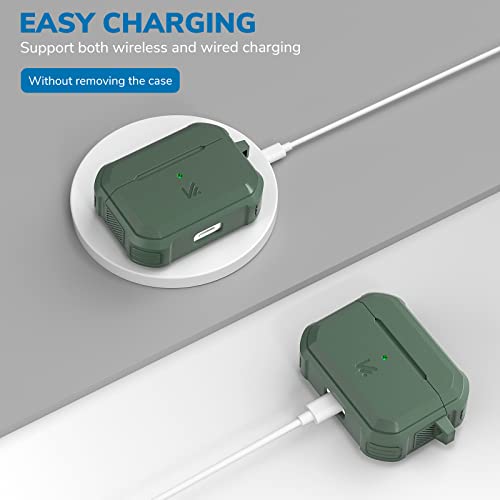 Kmmin Compatible For Airpods Pro Case Cover, Full-Body Rugged Hard Shell Protective Shockproof Case Cover With Carabiner For Apple Airpod Pro Support Wireless Charging[Front Led Visible], Army Green #TOP3