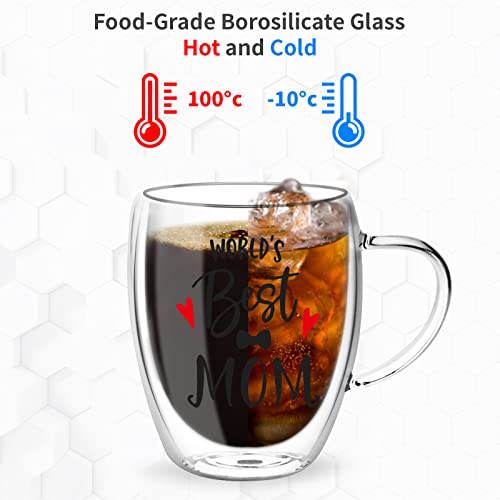 Top-spring 2 Pack Double Walled Coffee Cups for Mom and Dad - 350ml Glass Mugs Set, Glass Tea Cups Gift for Parents, Insulated Latte Glasses with Handles, Heat Resistant Coffee Cup Mum Gifts