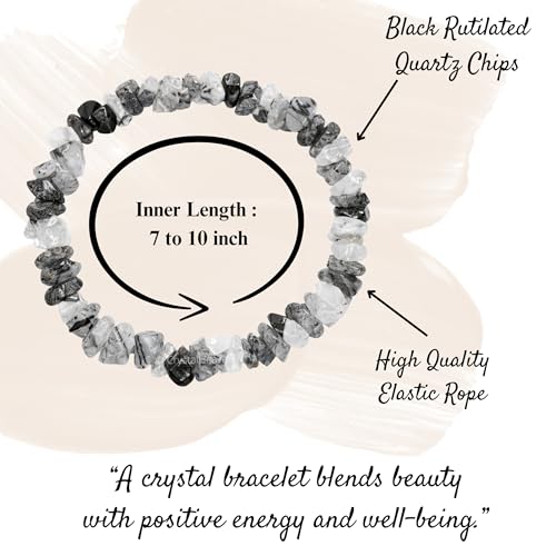 Image of Certified Black Rutilated Quartz Bracelet for Women Men with Healing Crystal and Reiki Stone - Beautiful Gemstone Beaded Bracelet for Balance, Harmony & Positive Energy (Chips Stone Beads)