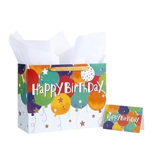 Loveinside Colorida bolsa de regalo de cumpleaños, patrón de globos con texto de feliz cumpleaños, papel de seda a juego, tarjeta de felicitación y etiqueta, ideal para regalos de cumpleaños de niños,