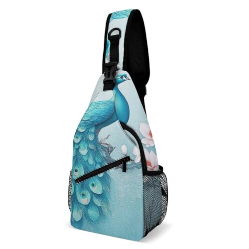 Mochila Cruzada Pavo Real Azul Y Flores Blancas Bolsa Cruzada Bandoleras Ligera Sling Bag Multiusos Sling Pecho Bolsas Bandolera Para Deporte Senderismo