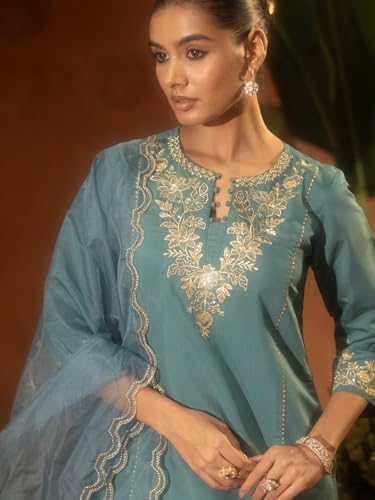 Image of FIORRA Women's Sea Green Viscose Chanderi Embroidered Ethnic Straight Kurta Set with Dupatta