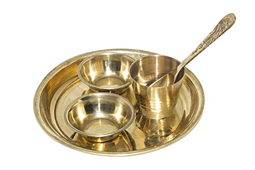 Laddu Gopal Ji, Thakur Ji, Krishna Brass Pooja Thali Set/Bhog Bartan/Prasad Bartan Set of 5 Pcs (1 Set, Brass)