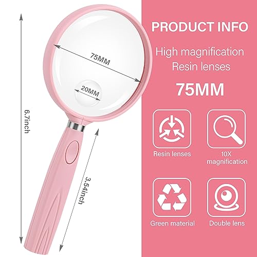 Image of Feosky Handheld Reading Magnifier, 10X Magnifier, 75mm Shatterproof Lens, Non-Slip Handle for Adults Close Work, Seniors Reading and Nature Exploration, Hobby Observation(Pink)