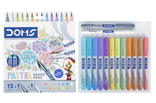 Doms Super Soft Tip Pastel Shades Brush Pen Set | 12 Pastel + 1 Silver + 1 Blender | Ideal for Doodling, Illustrations, Calligraphy, Artists & Professionals | Pack of 1