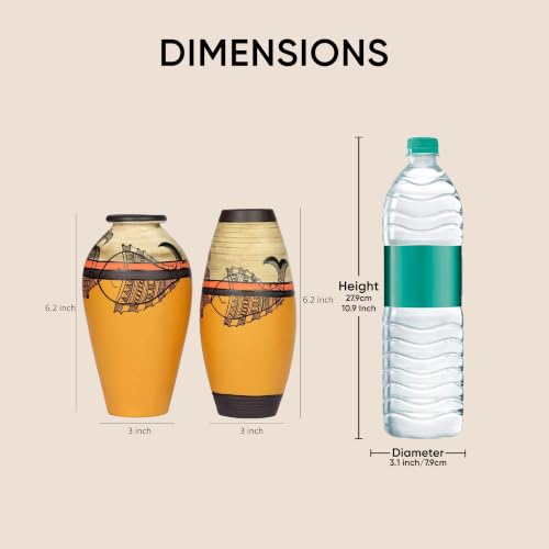 Image of Aakriti Art Creations Madhubani Terracotta Vase Set of 2 with Fish Motif | Handmade Yellow Decorative Flower Vases | Matte Finish Table Decor for Living Room, Shelf Decor & Housewarming Gifts