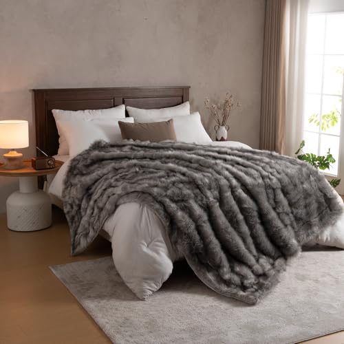 Image of HOMFINE Luxury Faux Fur Blanket 230 x 230 cm Grey