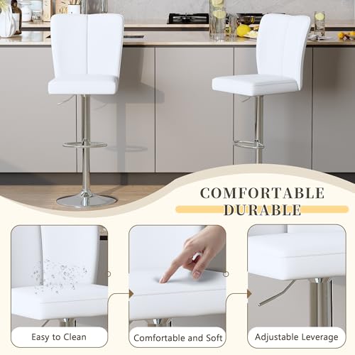Image of Swivel Bar Stools Set of 2 - White Barstools with Back,Adjustable Counter Height Bar Stools with Sturdy Metal Legs,Leather Counter Height Stools Ideal for Kitchen Island Pub(25''-33''H)