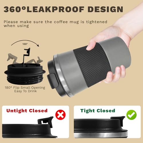 Image of Vacuum Insulated Stainless Steel Travel Coffee Mug,Leak Proof Cup with Lid | 304 stainless steel mug with vacuum insulation, leak proof lid, silicone grip and car cup holder friendly design