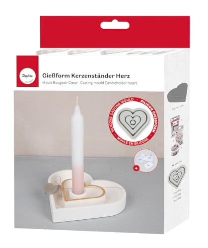 Rayher Raysin 36166000 Silicone Mould Candle Holder Heart, 15.9 x 15 cm, Height 2.5 cm, Includes 3 x 5 Stencils, for Pouring with Creative Concrete, Raysin Casting Powder