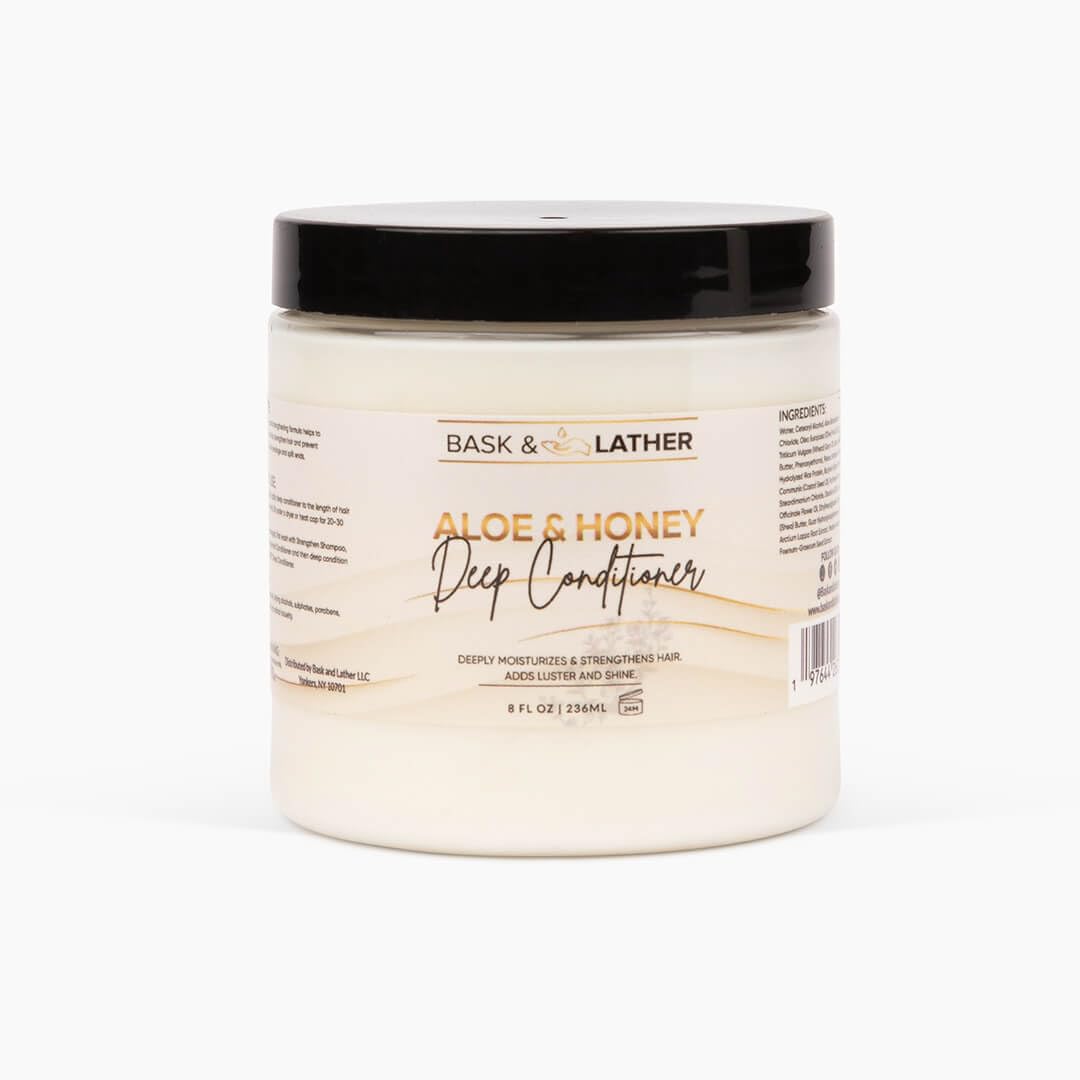 BASK & LATHER Aloe & Honey Deep Conditioner – Moisturizing Hair Mask with Aloe Vera, Honey & Shea Butter – Restores Strength, Reduces Breakage, For All Hair Types & Color-Treated Hair, 8oz