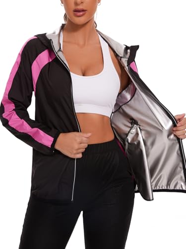 NINGMI Women Sauna Jackets Sweat Suit Long Sleeve Zipper with Hood Sauna Shirt Body Shaper Top Workout Gym Exercise