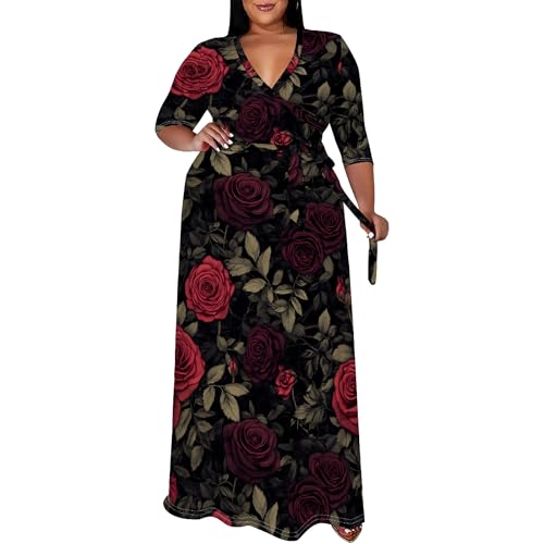 Women's Plus Size Maxi Dress Print 3/4 Sleeves V Neck Party Sundress Wedding Guest Dresses2
