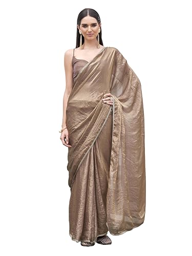 Image of Womanista Women's Ready to wear Two tone camel brown and gold colored saree with embellished lace(TI7074 Camel Brown Onesize)