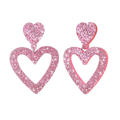 Glitter Heart Earrings Acrylic Double Heart Dangle Earrings for Women Mother Valentines Jewelry Gift for Girlfriend Wife Sister