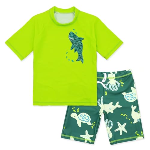 Image of Kids Short Sleeve Sunsuit Swimwear Boys Two Piece Rash-Guard-Sets Dinosaur Pattern