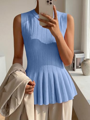 Cicy Bell Womens Pleated Peplum Tank Tops Fitted Ribbed Knit Crew Neck Blouses Summer Sweater Vest Sky Blue