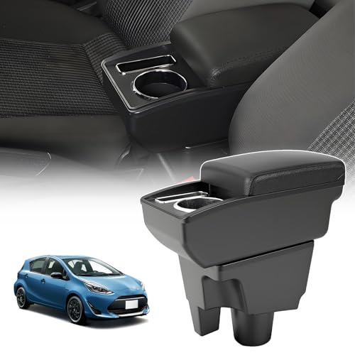 AKMSX アクア NHP10用 車用アームレスト 簡単組立 車内大容量収納ボックス センターコンソールボックス 二層タイプ 小物入れ Aqua NHP10 Vitz KSP10 SCP10 NCP10 車種専用設計 長距離運転最適 内装パーツ ブラックステッチ