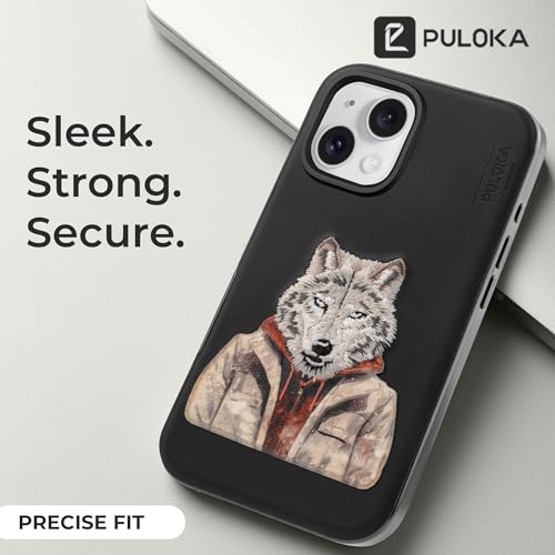 Image of PULOKA - Mobile Cover Compatible for iPhone 15 - Wolf Embroidery - Sleek & Stylish - Protective & Anti Scratch Phone Cover Vegan Leather Back Case - Men & Women - Black