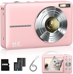 Lecran Digital Camera, FHD 1080P Kids Camera with 32GB Card, 2 Batteries, Lanyard, 16X Zoom Anti Shake, 44MP C