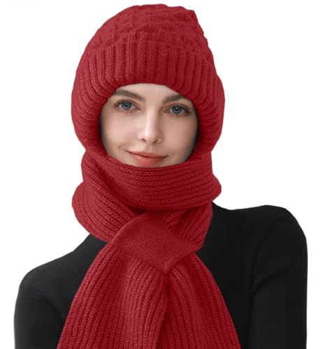 CheChury Knitted Hat with Integrated Scarf Womens 2 in 1 Winter Fleece Lined Knitted Beanie Hooded Windproof Cap Warm Hat and Scarf Set for Women, Wine Red CheChury Knitted Hat with Integrated Scarf Womens 2 in 1 Winter Fleece Lined Knitted Beanie Hooded Windproof Cap Warm Hat and Scarf Set for Women, Wine Red