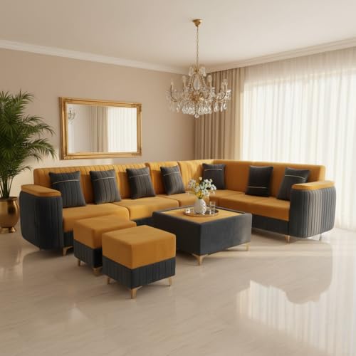 Image of APRODZ Wooden Sofa Set 7 Seater for Living Room, Solid Wood L Shape Sofa with Coffee Table and Two Ottoman Stools, 7 Seater Sofa for Home Office, Yellow & Grey