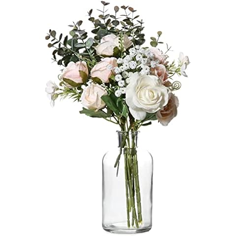 VECELO Artificial Silk Flowers in Vase, Floral Decoration Plants with Vase for Home Decor Christmas Thanksgiving Outdoor Wedding Party Table Decor, Light Pink Cover