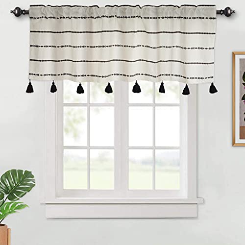 Yuxnt Boho Tassels Kitchen Valances For Windows, Black Striped Modern Farmhouse Curtains 1 Panel Window Treatments For Living Room Bathroom Pocket Valance 52 Inch Wide By 18 Inch Long #TOP5