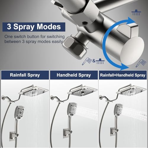 Image of ELLO&ALLO Rain Shower Head with Handheld Spray, Rainfall Shower Head Combo with 60 inch Hose, Dual Showerhead Set with Adjustable Shower Extension Arm, Brushed Nickel