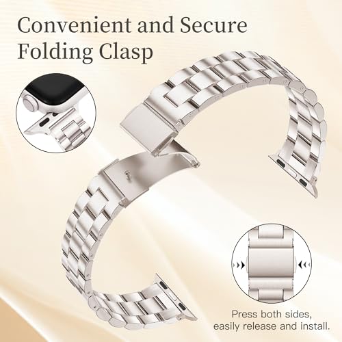Image of Slim Metal Band for Apple Watch Bands for Women 41mm 40mm 38mm iWatch Bands with Protective Case, Stainless Steel Thin Dressy Fancy Strap for Apple Watch Band Series 9 8 SE 7 6 5 4 3-Starlight