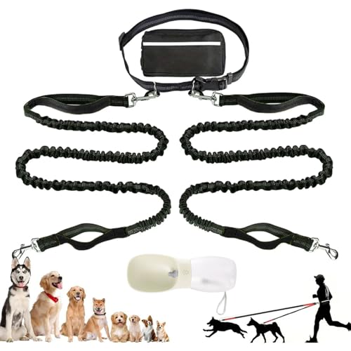 Joggingleine für 2 Hunde - Freihändige Hundeleine mit Bauchgurt, Verstellbar Übungsleine mit Dual Griffe, Reflektierende Nähte, joggingleine für Mittelgroße und Große Hunde, mit Haustier-Wasserbecher
