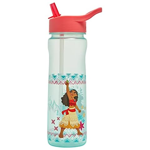 Disney Moana Water Bottle Flip Up Straw 600ml - Official Disney Merchandise Kids Reusable Non Spill - BPA Free - Recyclable Plastic - Ideal For School Nursery Sports Picnic - Turquoise & Pink Cover