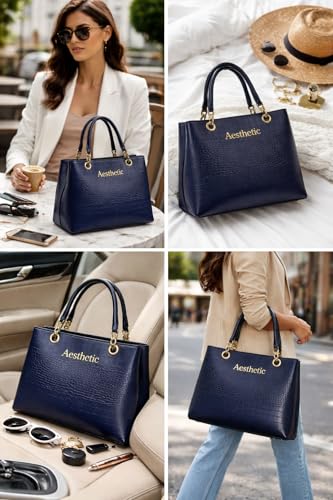Image of Women's Structured Handbag | Premium Croc-Texture Tote Bag with Chain Handle | Stylish Office & Daily Use Ladies Shoulder Bag