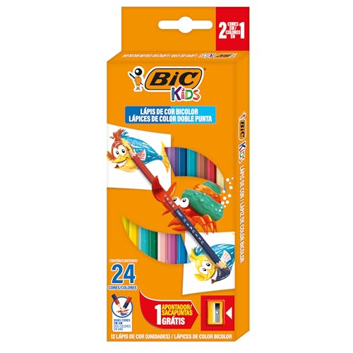 BIC Lápices de Colores Evolution Bicolor Hechos de Madera Colores Intensos Punta Resistente 24 Colores en 12 Piezas