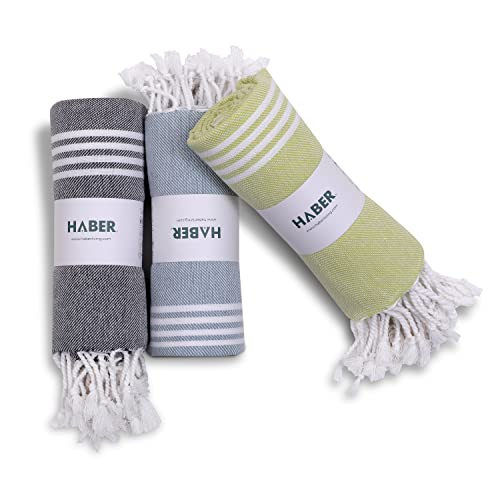 HABER - Toalla de baño de algodón prémium estilo turco - Colección Aura (paquete de 3, vidrio de mar, verde pastel y gris)