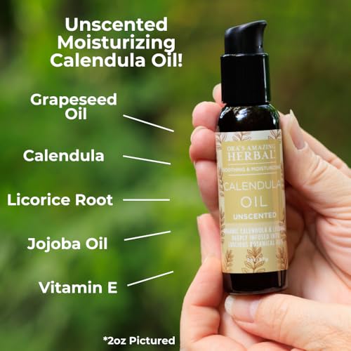 Image of Calendula Oil, Unscented Moisturizing Body Oil for Dry Eczema prone Skin with Calendula, Licorice, Jojoba, Lightweight Face Oil Cleanser for Smooth Radiant Skin, Travel size 2 oz, Ora's Amazing Herbal