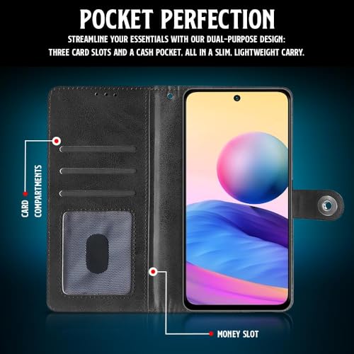 Image of WOW IMAGINE Shock Proof Flip Cover Back Case for Xiaomi Redmi Note 10T 5G | Poco M3 Pro 5G (Magnetic Button Flip Case | Wallet Pockets & Stand | Leather Finish | Haze Black)