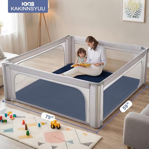 Image of 2-Inch Extra Thick Baby Floor Mat, 79 inchx59 inch Large Nursery Rug with Powder-Free Memory Foam, Water-Resistant Flannel Cover & Non-Slip Base for Tummy Time and Crawling, Navy Blue