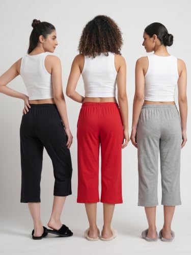 Image of Fflirtygo Women's Cotton Plain Calf Length Capri | Nightwear Pajama | 3 /4th Solid Pyjama Pant | Black Navy and Lavender Lounge Pants | Casual wear & Lounge Wear Capri Combo (Pack of 3)