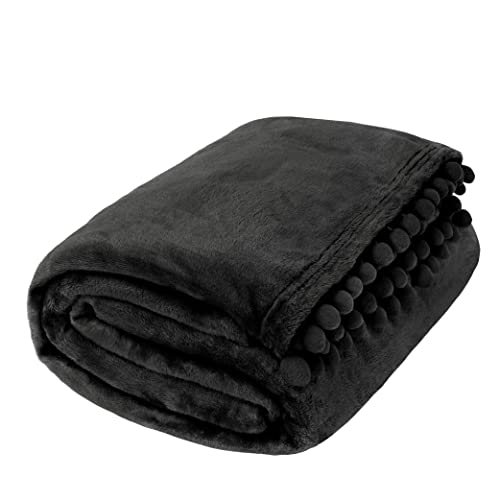 PAVILIA Black Throw Blanket Pom Pom for Couch Bed Sofa, Fleece Soft Fuzzy Cozy Lightweight Pompom Fringe Blanket, Decorative Boho Room Home Decor Gift Flannel Velvet Throw, Dark Solid Black, 50x60 - Cosy Home Interiors PAVILIA Black Throw Blanket Pom Pom for Couch Bed Sofa, Fleece Soft Fuzzy Cozy Lightweight Pompom Fringe Blanket, Decorative Boho Room Home Decor Gift Flannel Velvet Throw, Dark Solid Black, 50x60 - Image 7