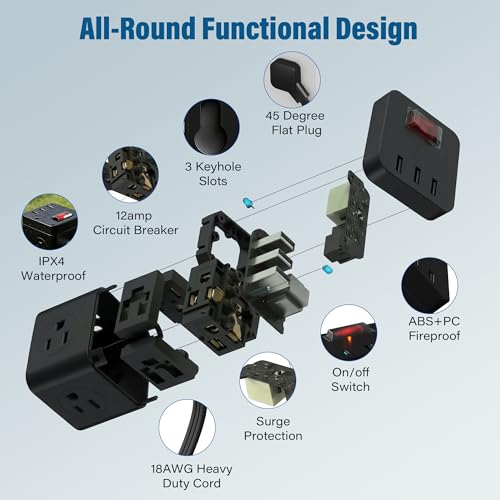 Extensión ultra delgada con enchufe plano y protección IPX4, cubo multitoma con 6 tomas eléctricas, 3 puertos USB-A, 1500W, 1.22 m, montable en pared para interior y exterior, certificación ETL, marca Veeloon miniatura 2